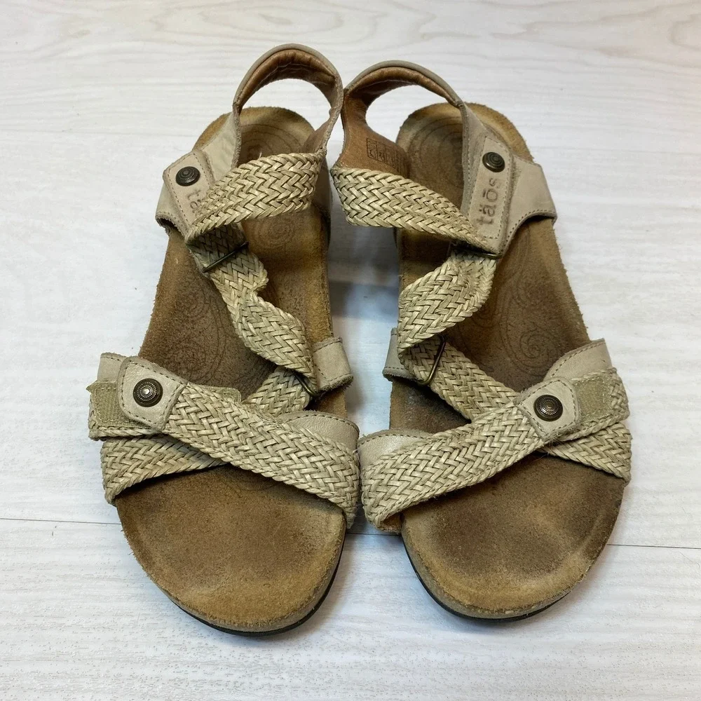 Taos Womens 5.5 Braided Wedge Sandals Cork Footbed Tan Leather Comfort Spain